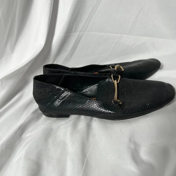 Zara Black Snakeskin Faux Leather Loafers Size 36 Gold Buckle - Picture 1 of 8